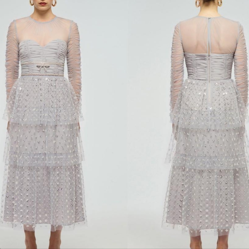 Self-Portrait Silver Sequin Layered Dress